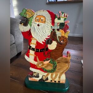 Vintage Hand painted Wood Santa on stand base